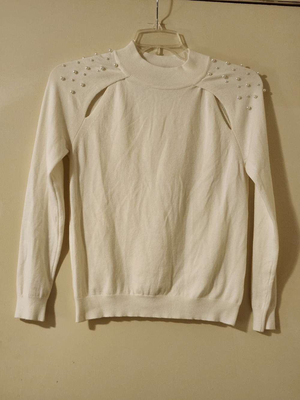 Joseph A Cream Classic Mock Neck Preppy Sweater with Pearl Shoulder Detail Size